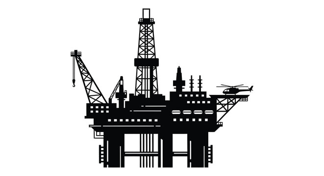 A detailed black silhouette of an offshore oil rig with a helicopter platforms and derrick silhouette