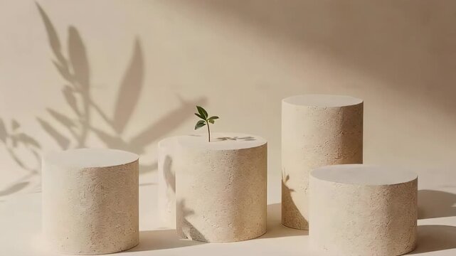 Minimalist Product Display with Cylindrical Podiums and Plant Shadow.