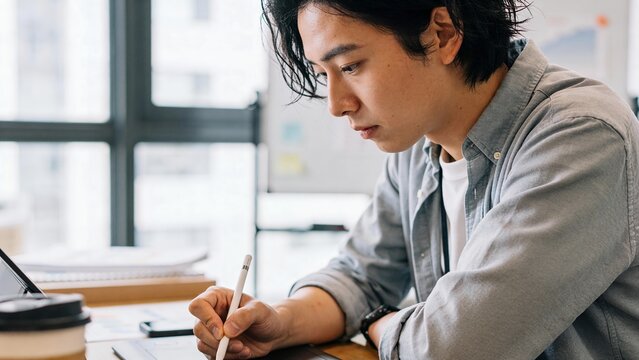 デスクでペンタブレットを使い真剣に描く男性クリエイター