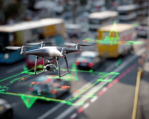 A delivery drone's point-of-view camera feed overlaid with AI-generated object recognition and pathfinding data in a dense urban environment. Computer vision and autonomous navigation concept.