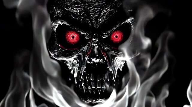 Skull with eye turning red, evil spirit concept