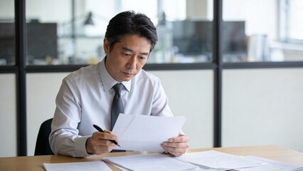 真剣な表情で書類を確認するビジネスマン