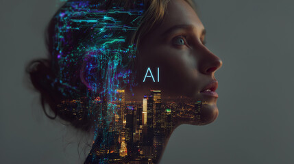 Artificial Intelligence and Cognitive Power: A woman's profile is interwoven with digital structures and cityscapes, exploring the synergy of human intellect and artificial intelligence.