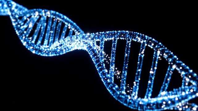 Glowing blue DNA double helix structure on black background