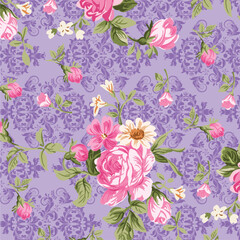 Vintage Floral Rose and Daisy Pattern on Lavender Damask Background