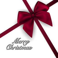 Elegant merry christmas greeting card design featuring a decorative dark red bow on white background