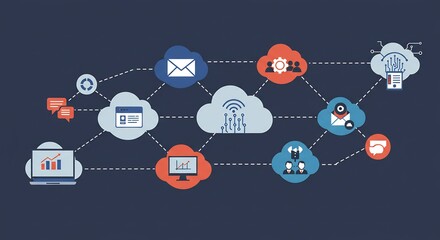 活気あるデジタル世界で複数のクラウドサービスがシームレスに連携し膨大なデータを効率的かつ安全にやり取りするモダンなイラスト. AI Generated