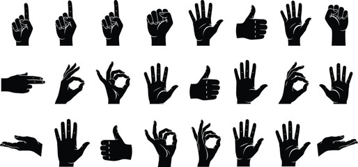 Large Collection of Hand Gesture Silhouettes and Signs Including Counting, Thumbs Up, Okay, and Pointing, Illustrating Communication, Body Language, and