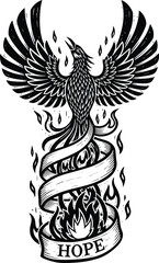 Linocut phoenix rising with ribbon tail symbolizing hope gratitude strength black white vector art