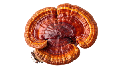 Vivid, layered mushroom, brown and golden hues, isolated on black
