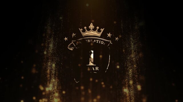 Elegant 4K animation of the 1st anniversary golden logo with wings, crown and stars on a black background.