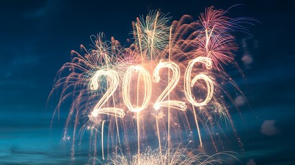 2026 written in sparklers with colorful fireworks exploding in a twilight sky new year celebration