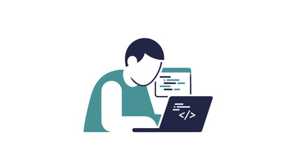 Programmer working on a laptop computer with code on screen.