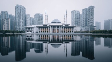 Fototapeta premium Modern mosque building with domed roof and minarets reflected in still water surrounded by high rise skyscrapers