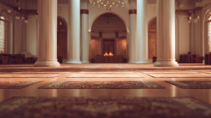Naklejka premium Grand interior of a mosque with ornate carpets and columns showcasing architectural detail