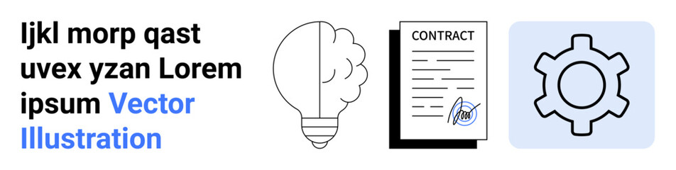 Light bulb representing ideas, signed contract for agreement, gear for process optimization. Ideal for creativity, business, technology, agreements, innovation, management simple landing page