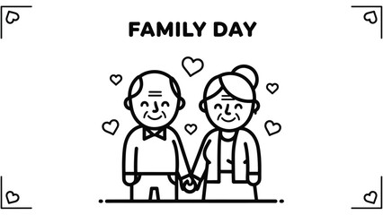 Smiling elderly couple holding hands surrounded by floating hearts under a large, Family Day banner