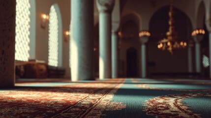 Naklejka premium Ornate carpeted prayer hall with grand columns arched windows and chandeliers