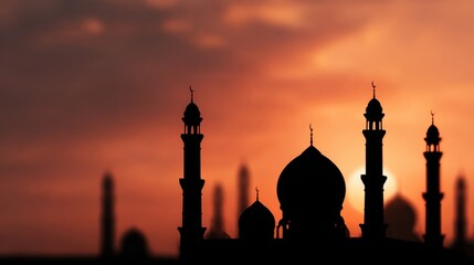 Silhouette of Islamic mosque domes and minarets against a vibrant sunset sky