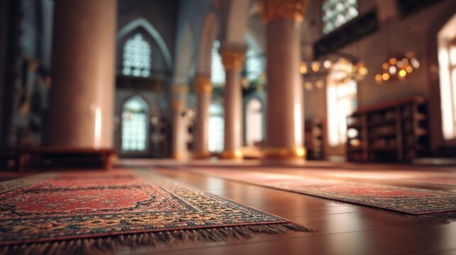Ornate patterned prayer rugs laid on polished wood floor inside a mosque with grand columns and arched windows