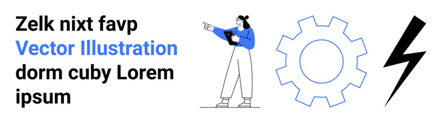 Woman holding and pointing with notebook, gear shape, bold lightning bolt. Ideal for teamwork, innovation, energy, creativity, engineering, productivity modern design simple landing page