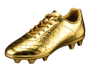 Shiny golden football boot, isolated, showing cleats and laces