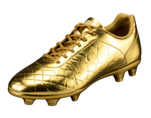 Shiny golden football boot, isolated, showing cleats and laces