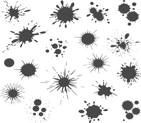 Set of various black, hand drawn ink splatters, spots, and paint drops vector illustration