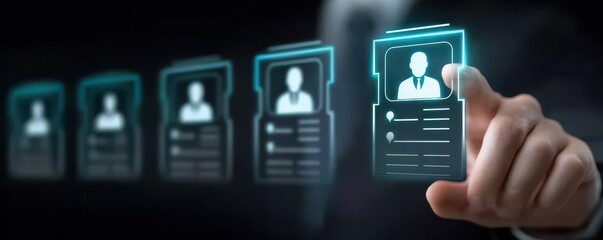 A resume and profile floating in neon light as screening and interview processes blend to form a clear selection and employment decision