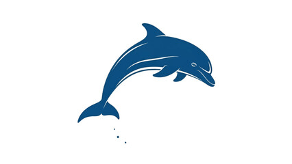 Stylized deep-blue dolphin arcing gracefully mid-jump over white background with tail droplets waves