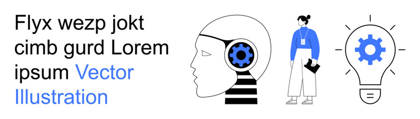 Artificial intelligence, innovation, technology creativity, problem-solving, knowledge, and engineering solutions. Head with gear, light bulb and individual figure. Artificial intelligence