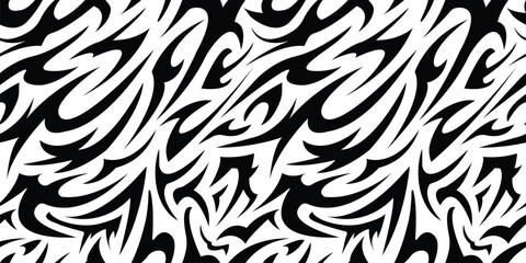 Abstract seamless pattern of sharp, black tribal tattoo motifs on a white background. Dynamic, edgy, and aggressive vector design suitable for fabric, wallpaper, packaging, car wraps, graphic projects