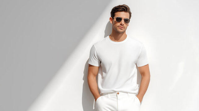 Man wearing sunglasses and white t-shirt, standing against white wall, color of the year 2026, cloud dancer