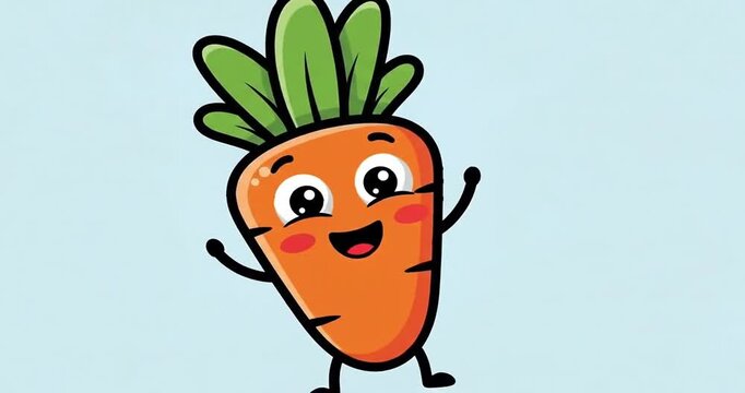 Cartoon carrot character with a cheerful expression and raised arms against a light blue background