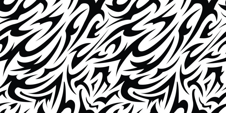 Abstract seamless pattern of sharp, black tribal tattoo motifs on a white background. Dynamic, edgy, and aggressive vector design suitable for fabric, wallpaper, packaging, car wraps, graphic projects