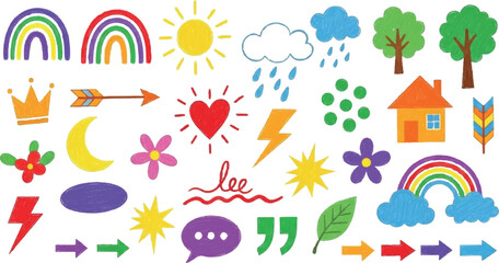 Collection of Cute Hand Drawn Weather Elements and Symbols.