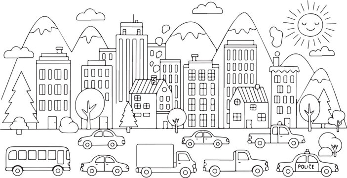 Cityscape with Various Vehicles and Buildings Coloring Page.
