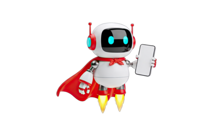 Superhero Robot Holding Smartphone - Technology Concept