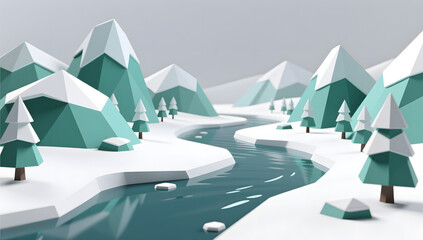 Winter Snowy Rivers in Green Mountain Landscape