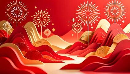 Abstract festive mountains blended with golden fireworks