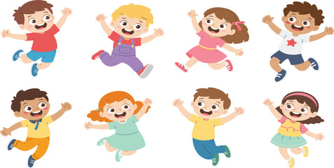 Set of happy diverse cartoon kids jumping and cheering, children playing together vector set