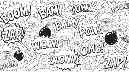 Comic book explosion sound effects and bombs doodle art.