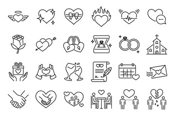 Love and relationship line icon pack covering key stages from communication and dating to commitment, celebration, marriage, support, passion, and breakup. 