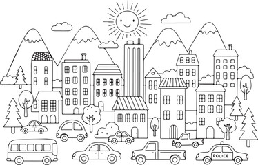 Doodle style city scene with various vehicles and buildings.