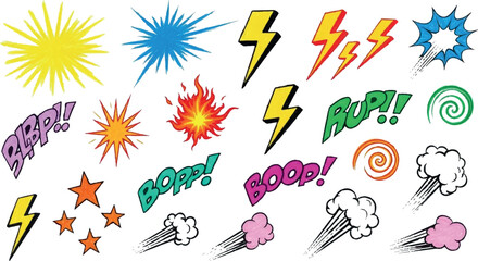 Dynamic collection of comic book style sound effects and graphic elements.