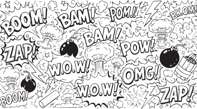 Comic book explosion sound effects and bombs doodle art.