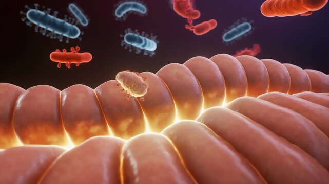 Microscopic view of red and blue bacteria interacting with healthy intestinal villi cells in the human digestive system leaky gut