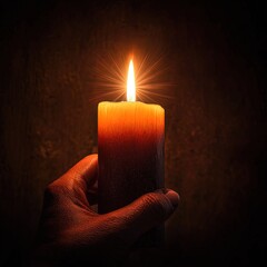 The image shows a hand holding a lit candle in a dimly lit environment. The candle flame is bright and casts a warm glow, creating a dramatic contrast with the dark background