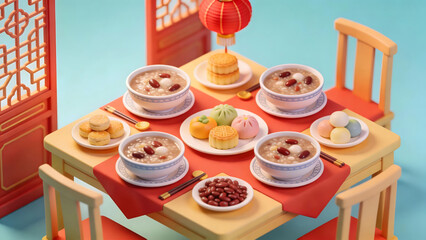 Miniature Laba festival table with porridge and pastries