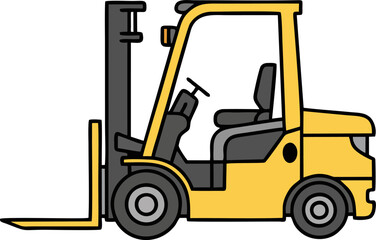 Yellow Forklift Cartoon Illustration – Industrial Warehouse Lift Truck in Simple Flat Vector Side View
